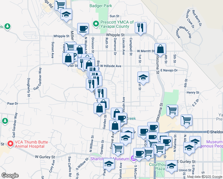 map of restaurants, bars, coffee shops, grocery stores, and more near 572 Dameron Drive in Prescott