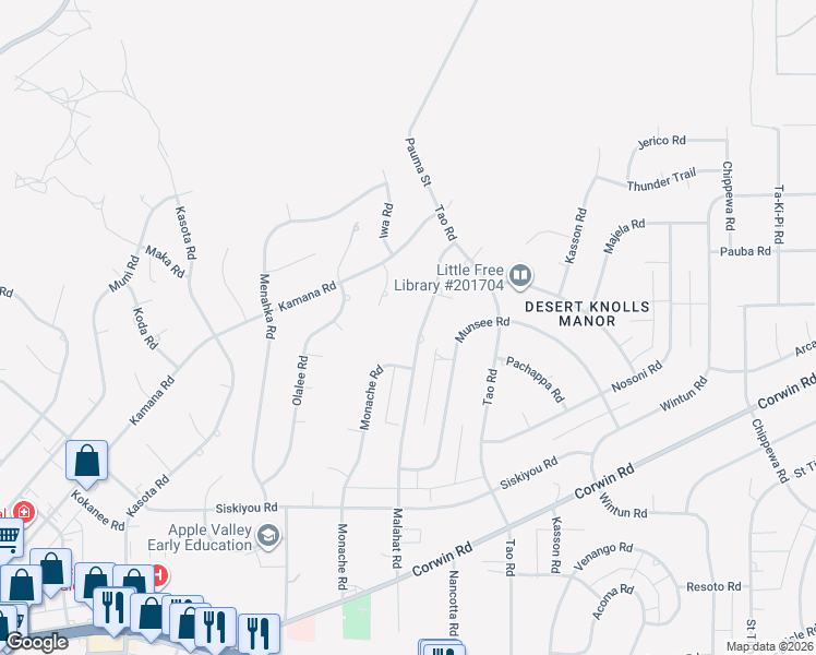 map of restaurants, bars, coffee shops, grocery stores, and more near 16502 Malahat Road in Apple Valley