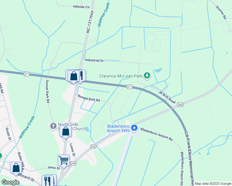 map of restaurants, bars, coffee shops, grocery stores, and more near 95 Holly Britt Court in Bladenboro