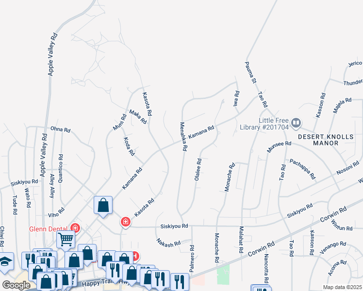 map of restaurants, bars, coffee shops, grocery stores, and more near 16462 Menahka Road in Apple Valley