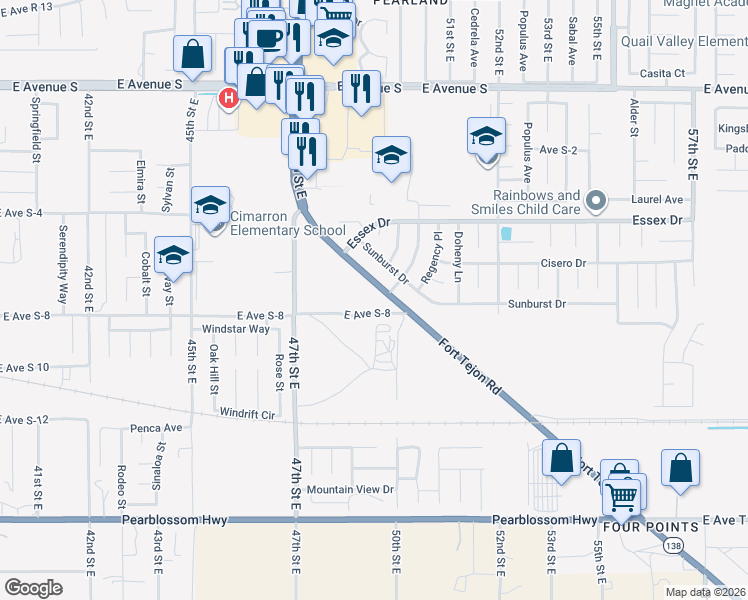 map of restaurants, bars, coffee shops, grocery stores, and more near 4801 East Avenue S-8 in Palmdale