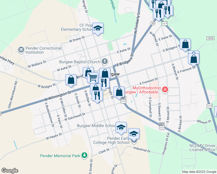 map of restaurants, bars, coffee shops, grocery stores, and more near 105 South Wright Street in Burgaw
