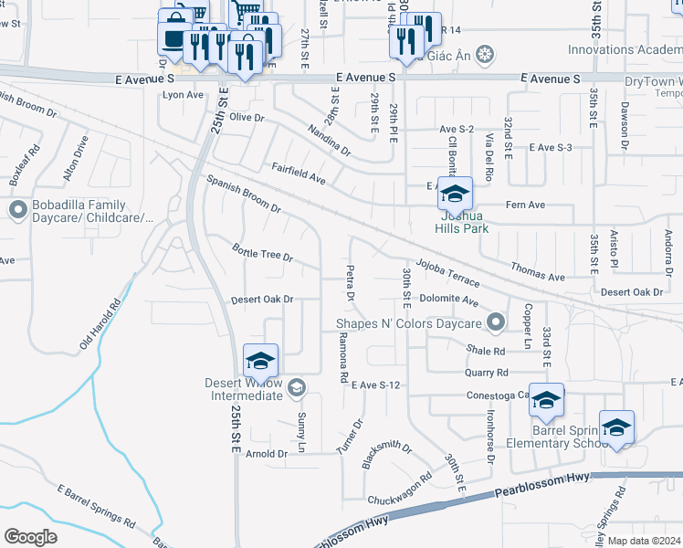 map of restaurants, bars, coffee shops, grocery stores, and more near 2727 Tumbleweed Drive in Palmdale