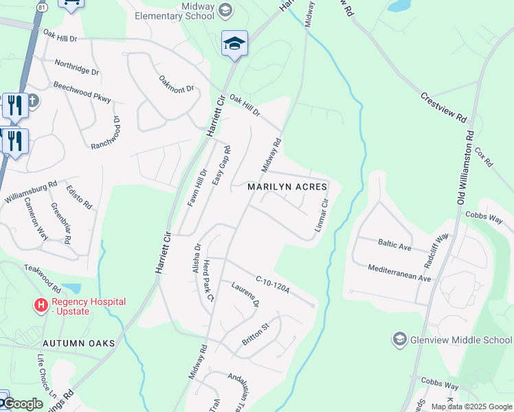 map of restaurants, bars, coffee shops, grocery stores, and more near 104 Sloan Avenue in Anderson