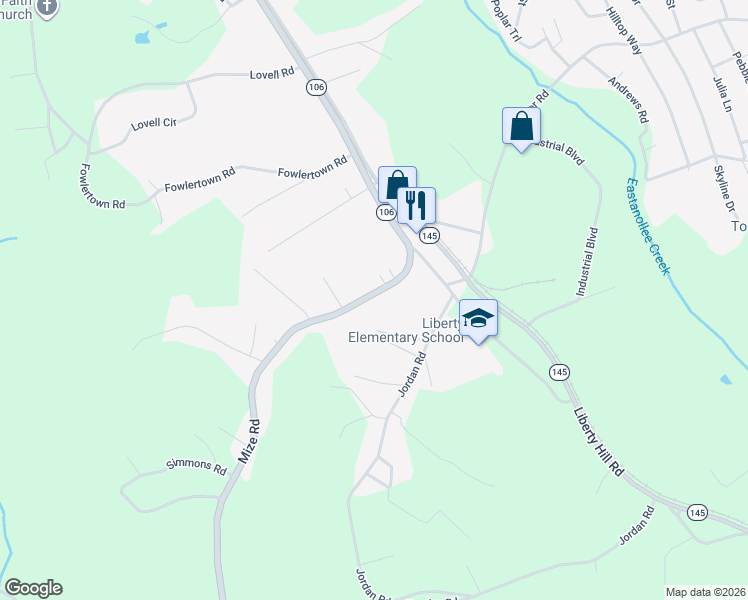 map of restaurants, bars, coffee shops, grocery stores, and more near 1224 Mize Road in Toccoa