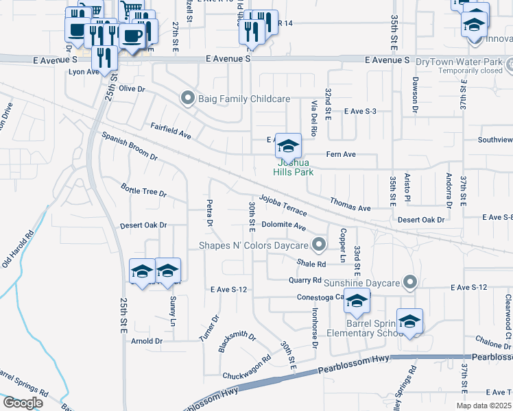 map of restaurants, bars, coffee shops, grocery stores, and more near 36764 30th Street East in Palmdale