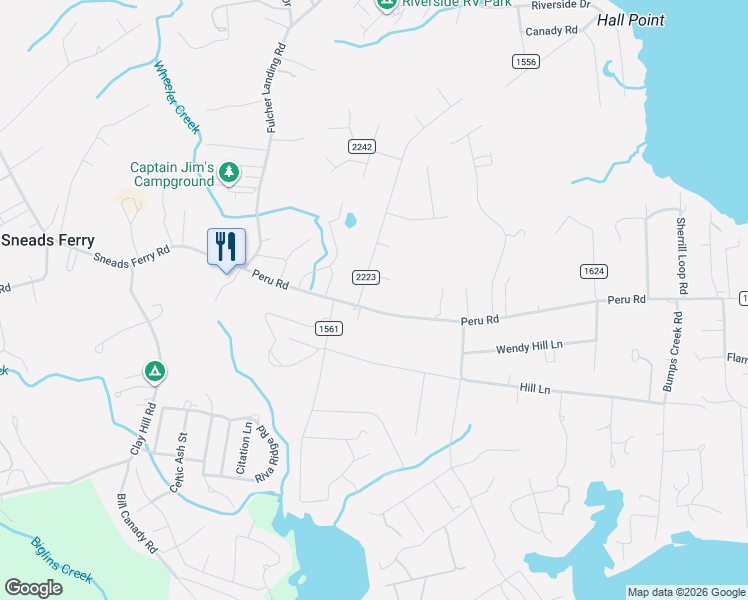 map of restaurants, bars, coffee shops, grocery stores, and more near 200 Bluebird Court in Sneads Ferry