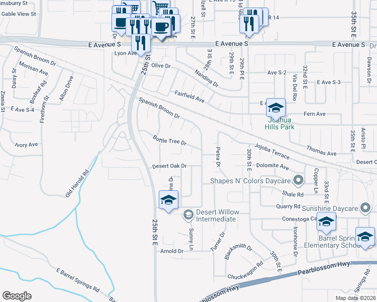 map of restaurants, bars, coffee shops, grocery stores, and more near 36819 Little Leaf Drive in Palmdale