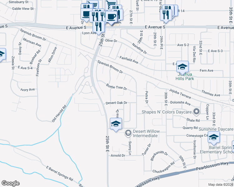 map of restaurants, bars, coffee shops, grocery stores, and more near 2539 Apache Plume Court in Palmdale