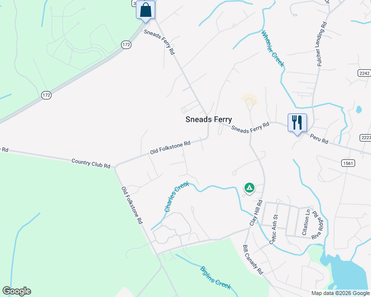 map of restaurants, bars, coffee shops, grocery stores, and more near 1500-1736 Country Club Road in Sneads Ferry