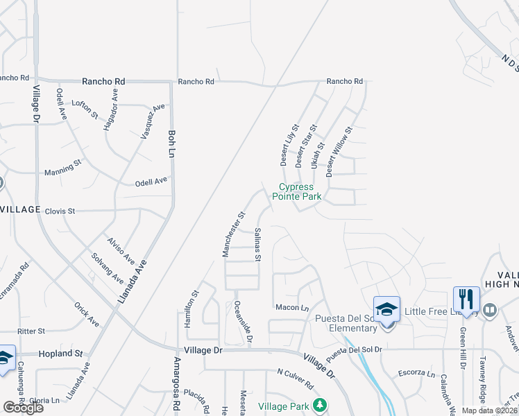 map of restaurants, bars, coffee shops, grocery stores, and more near 16518 Manchester Street in Victorville