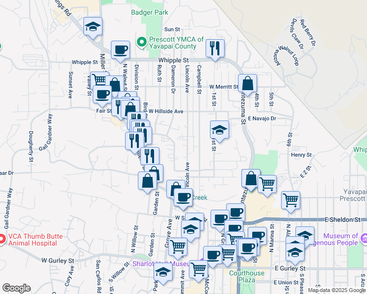map of restaurants, bars, coffee shops, grocery stores, and more near 571 Lincoln Avenue in Prescott