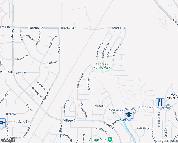 map of restaurants, bars, coffee shops, grocery stores, and more near 16518 Manchester Street in Victorville