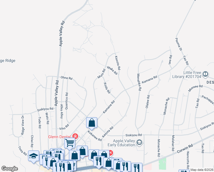 map of restaurants, bars, coffee shops, grocery stores, and more near 18265 Koda Court in Apple Valley