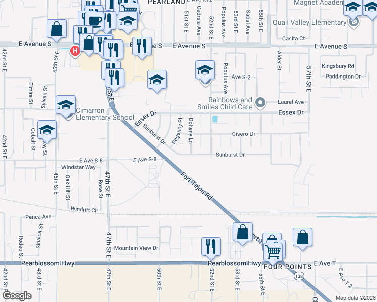map of restaurants, bars, coffee shops, grocery stores, and more near 5079 Sunburst Drive in Palmdale