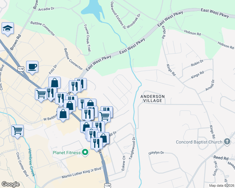 map of restaurants, bars, coffee shops, grocery stores, and more near 1025 Edenbrooke Circle in Anderson