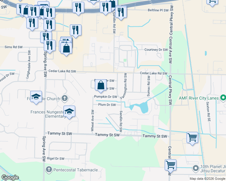 map of restaurants, bars, coffee shops, grocery stores, and more near 506 Blaine Drive Southwest in Decatur