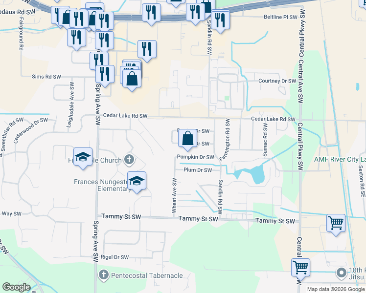 map of restaurants, bars, coffee shops, grocery stores, and more near 604 Blaine Drive Southwest in Decatur
