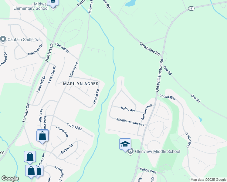 map of restaurants, bars, coffee shops, grocery stores, and more near 155 Mediterranean Avenue in Anderson
