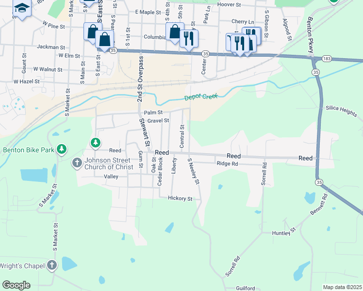 map of restaurants, bars, coffee shops, grocery stores, and more near Central Street in Benton