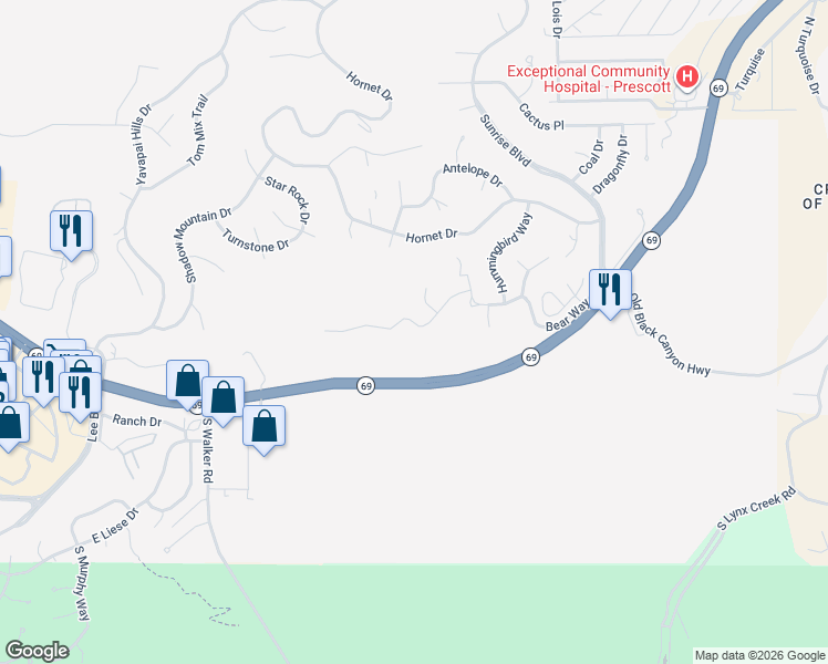 map of restaurants, bars, coffee shops, grocery stores, and more near 4865 Butterfly Drive in Prescott