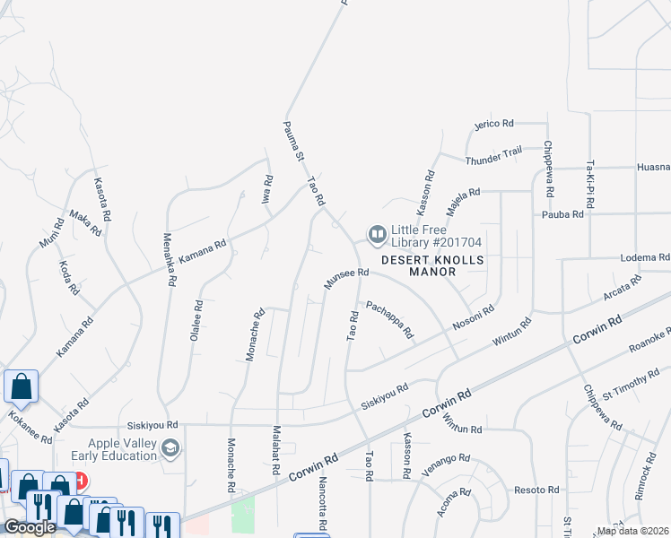 map of restaurants, bars, coffee shops, grocery stores, and more near 16521 Malahat Court in Apple Valley