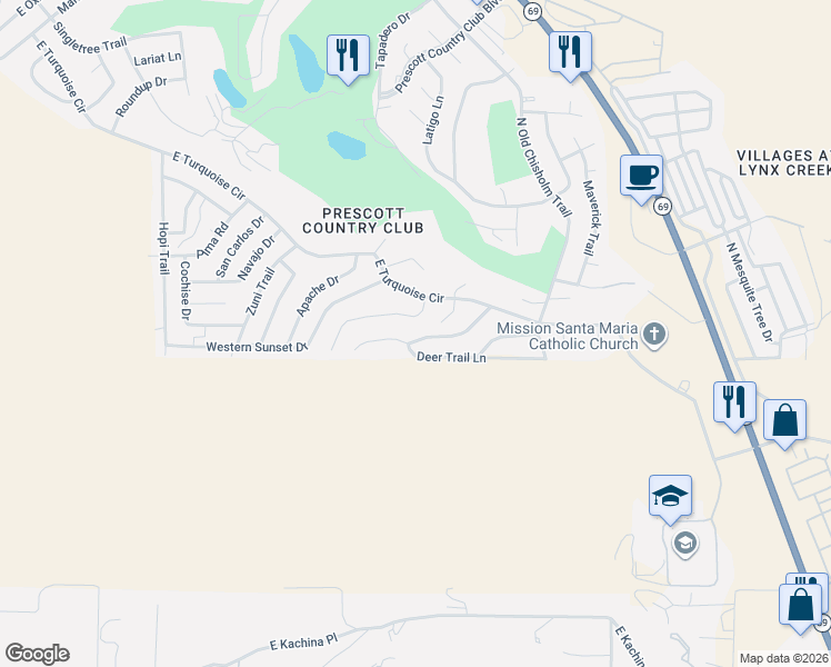 map of restaurants, bars, coffee shops, grocery stores, and more near 11587 Concho Canyon in Yavapai County