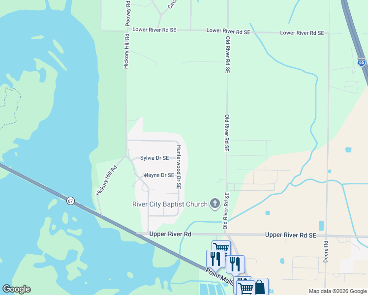 map of restaurants, bars, coffee shops, grocery stores, and more near 2721 Hunterwood Drive Southeast in Decatur