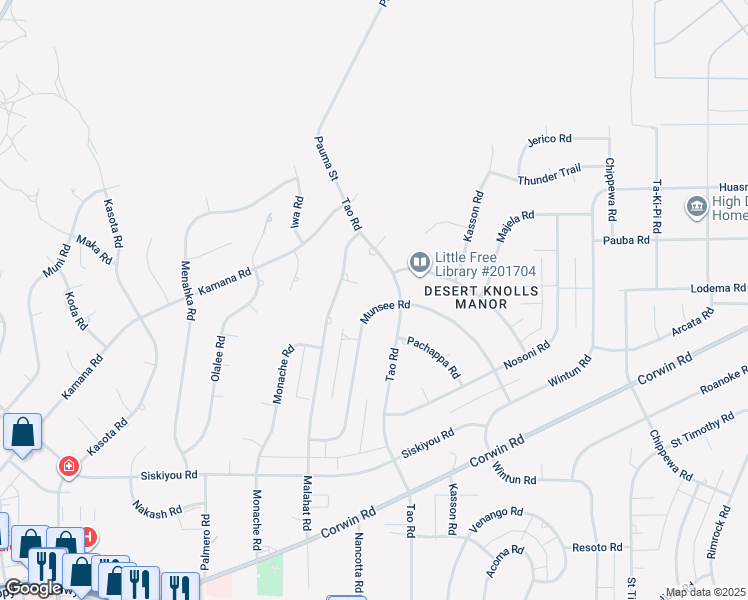 map of restaurants, bars, coffee shops, grocery stores, and more near 18830 Munsee Road in Apple Valley