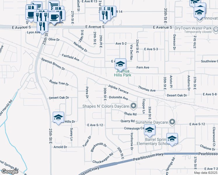 map of restaurants, bars, coffee shops, grocery stores, and more near 3002 Jojoba Terrace in Palmdale