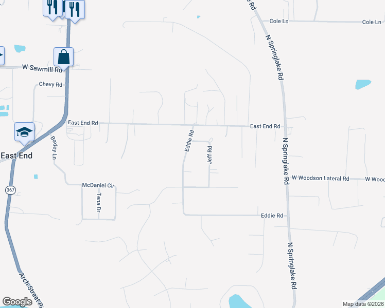 map of restaurants, bars, coffee shops, grocery stores, and more near 21632 Eddie Road in Hensley