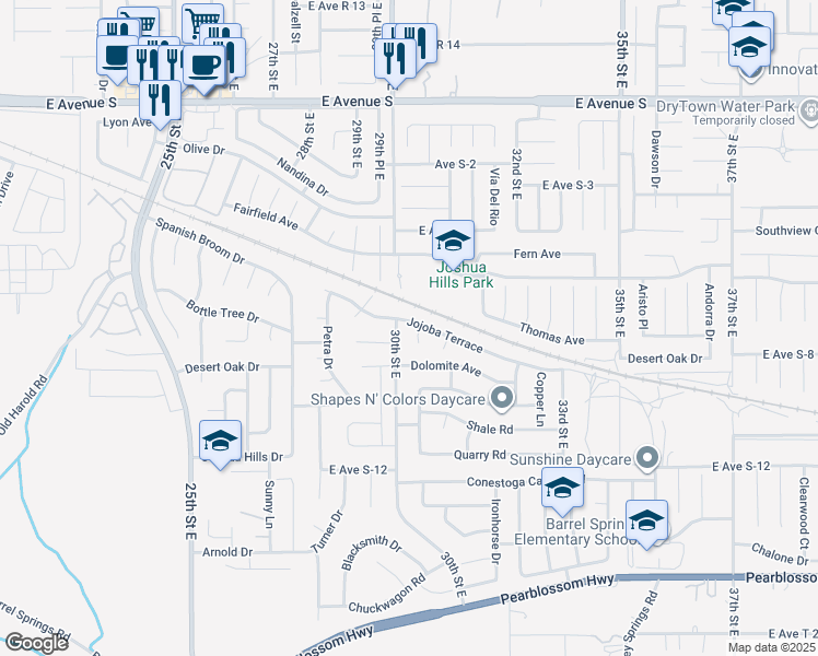 map of restaurants, bars, coffee shops, grocery stores, and more near 3001 Jojoba Terrace in Palmdale