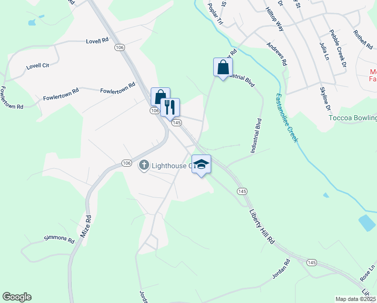 map of restaurants, bars, coffee shops, grocery stores, and more near 6118 Old Liberty Hill Road in Toccoa