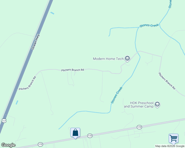 map of restaurants, bars, coffee shops, grocery stores, and more near 308 Pilchers Branch Road in Holly Ridge