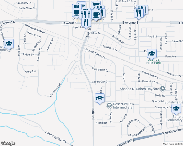 map of restaurants, bars, coffee shops, grocery stores, and more near 36818 Desert Willow Drive in Palmdale