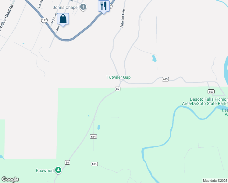 map of restaurants, bars, coffee shops, grocery stores, and more near 18905 County Road 89 in Mentone
