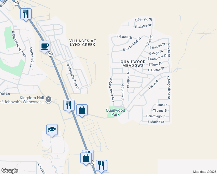 map of restaurants, bars, coffee shops, grocery stores, and more near 566 North Casa Bella Avenue in Prescott Valley