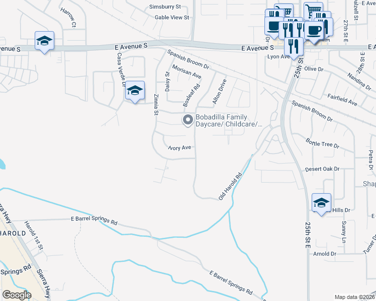 map of restaurants, bars, coffee shops, grocery stores, and more near 1914 Ivory Avenue in Palmdale