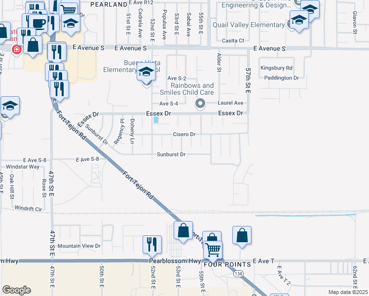 map of restaurants, bars, coffee shops, grocery stores, and more near 36812 Burroughs Way in Palmdale