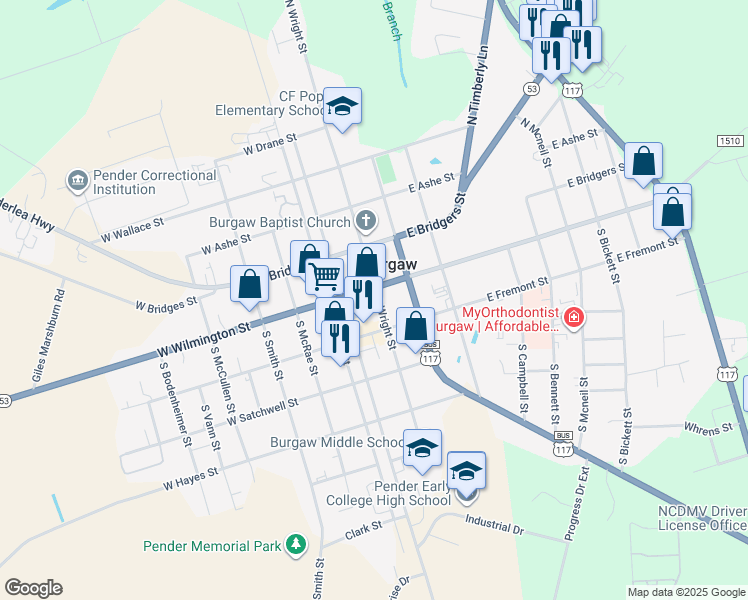map of restaurants, bars, coffee shops, grocery stores, and more near 105 South Wright Street in Burgaw
