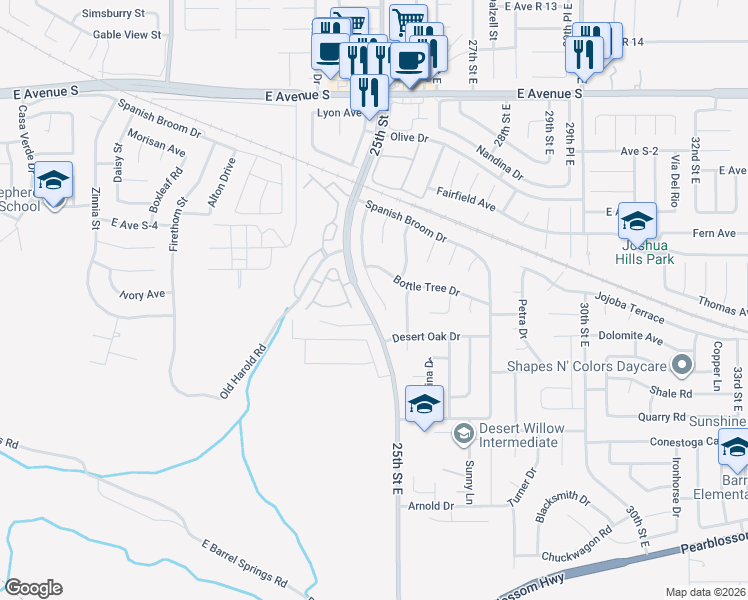 map of restaurants, bars, coffee shops, grocery stores, and more near 36818 Desert Willow Drive in Palmdale