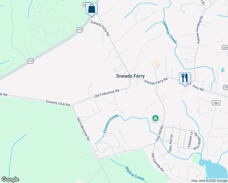 map of restaurants, bars, coffee shops, grocery stores, and more near 1500 Country Club Road in Sneads Ferry