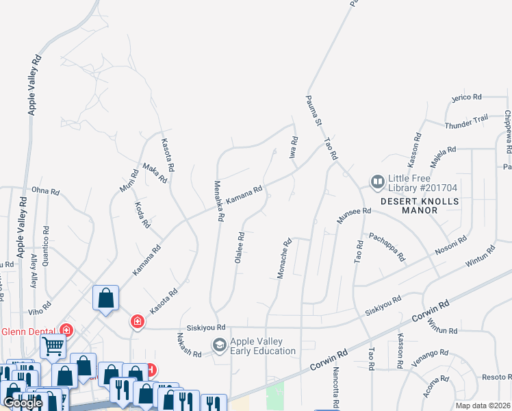 map of restaurants, bars, coffee shops, grocery stores, and more near 16466 Olalee Road in Apple Valley
