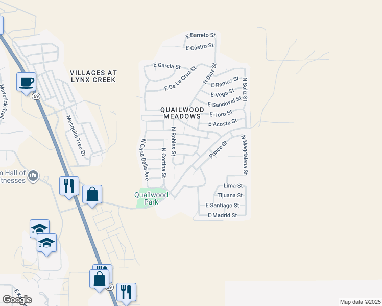 map of restaurants, bars, coffee shops, grocery stores, and more near 12854 East Moreno Street in Prescott Valley