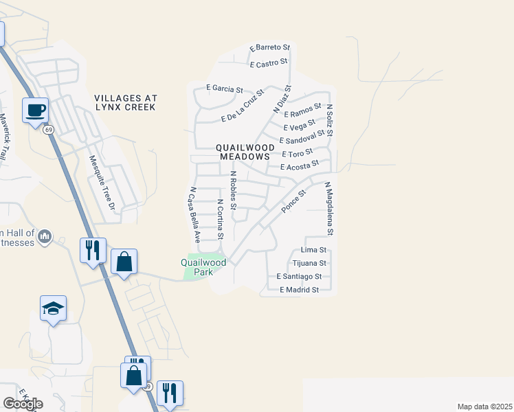 map of restaurants, bars, coffee shops, grocery stores, and more near 12854 East Moreno Street in Prescott Valley