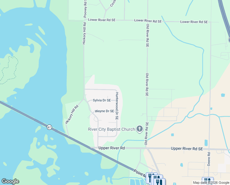 map of restaurants, bars, coffee shops, grocery stores, and more near 2721 Hunterwood Drive Southeast in Decatur