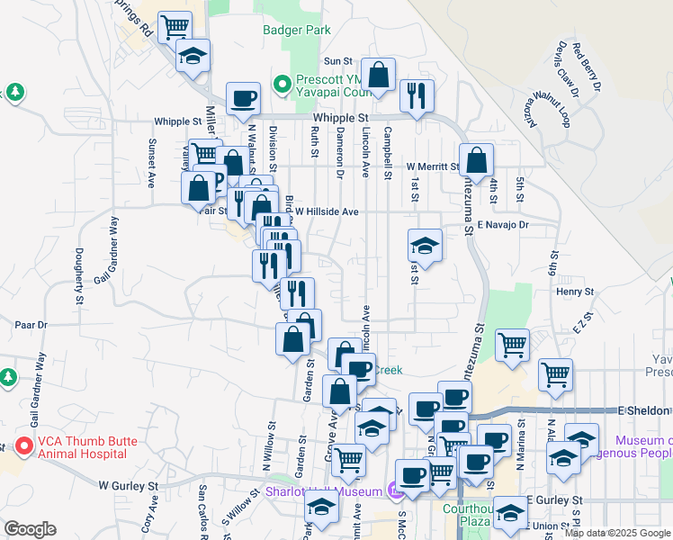 map of restaurants, bars, coffee shops, grocery stores, and more near 572 Dameron Drive in Prescott