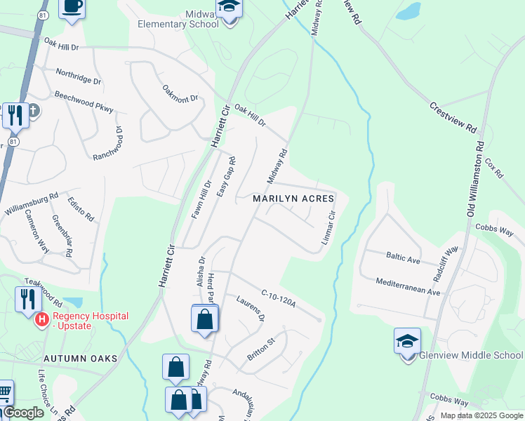 map of restaurants, bars, coffee shops, grocery stores, and more near 104 Sloan Avenue in Anderson