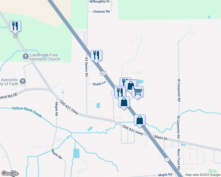 map of restaurants, bars, coffee shops, grocery stores, and more near 10106 U.S. 431 in New Hope