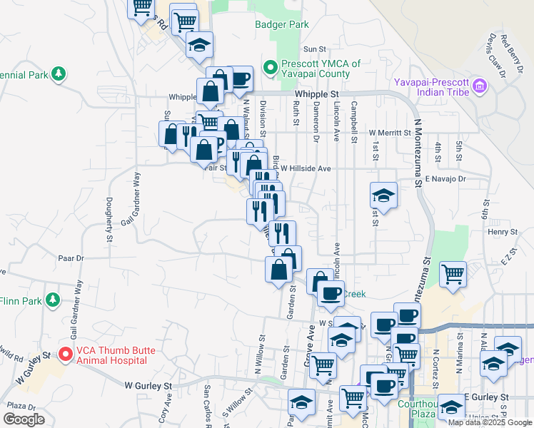 map of restaurants, bars, coffee shops, grocery stores, and more near 559 Miller Valley Road in Prescott